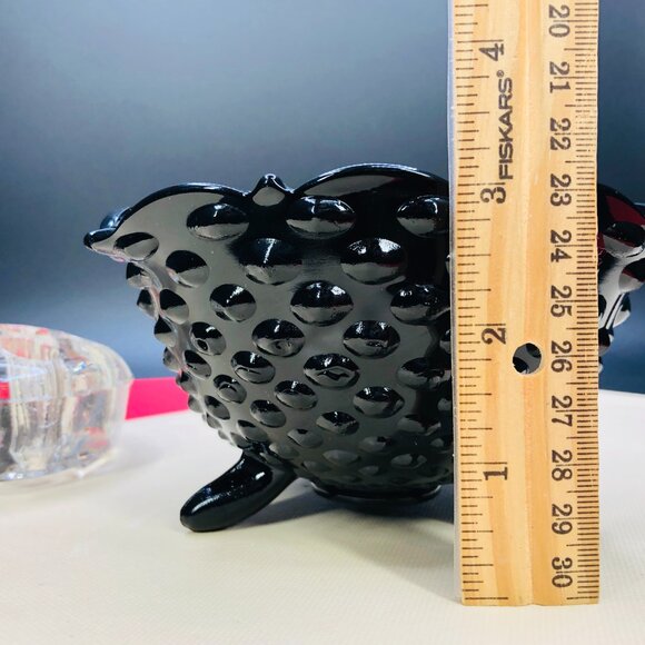 Vintage Black Glass Hobnail Footed Bowl and Clear Glass Flower Frog: Centerpiece - Picture 12 of 12